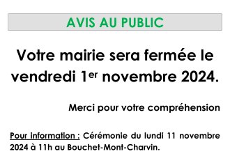 Fermeture de la Mairie le vendredi 1er novembre 2024.