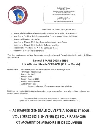 Samedi 08 mars à 09h30 à la salle des fêtes du Col du Marais à Serraval : Assemblée Générale du Souvenir Français.